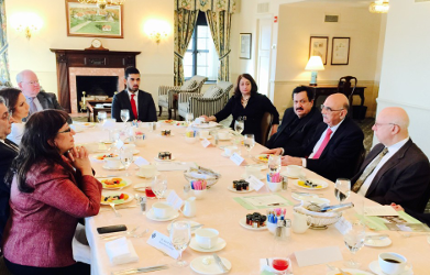 PDI Fellow Mohammed AlBader, seated at the head of the table, works as a Practice Manager for MetLife, Chicago. He participated in a business luncheon in Chicago for the President of the American University, Madaba (Jordan), Dr. George Hazboun, (right side, speaking). Also pictured: Talat Othman (far right), President of the Arab-American Business Professional Association, and H.E. Ihsan Sweiss (right side, left of Dr. Hazboun), Honorary Counsel for Jordan.